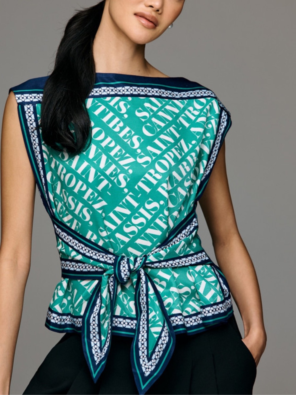Maeve Boat-Neck Sleeveless Tie-Front Green & Navy Top Blouse - S